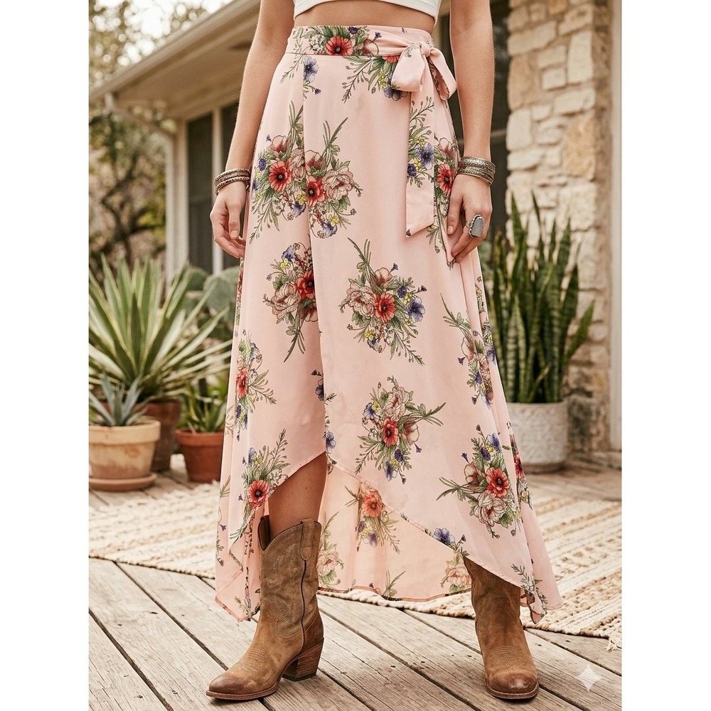 Topshop Floral NWT Maxi Skirt Womens 10 Pink NEW Tall Handkerchief HemTie Waist